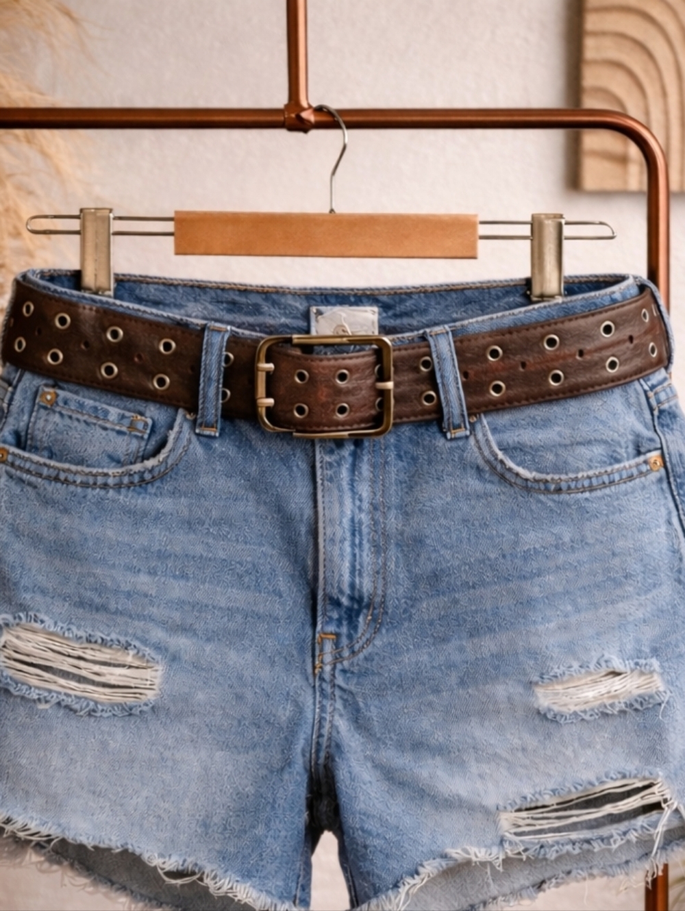 Women's Dark Brown Leather Belt with Metal Eyelets